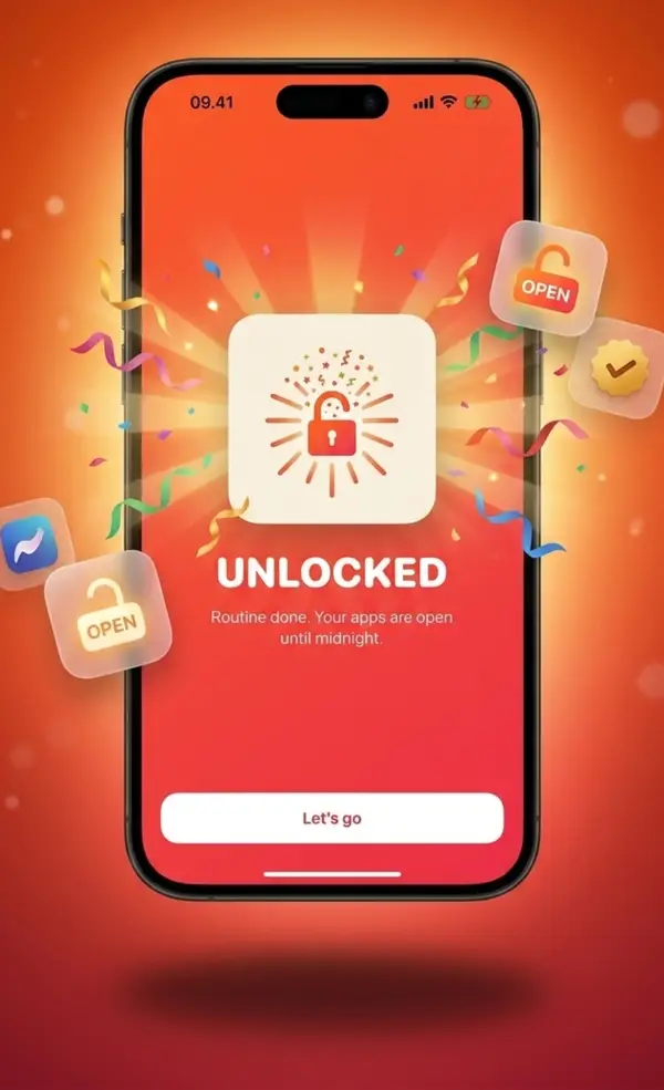The Pay In Reps unlocked screen: a confetti burst around an open padlock, reading routine done, your apps are open until midnight.